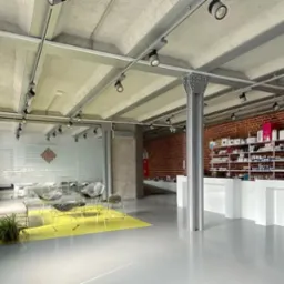 Wnętrze salonu kosmetycznego w stylu loft z ceglanymi ścianami, szarymi podłogami, betonowym sufitem z oświetleniem punktowym, przeszkloną salą zabiegową z napisem 'Sala Szkoleniowa' oraz regałami...