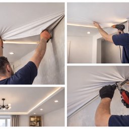 KAROLINA WIŚNIEWSKA KAROLINES Beauty&Academy - Montaż sufitu napinanego: pracownik naciąga materiał, używając opalarki i szpatułki. Widoczny efekt końcowy z oświetleniem LED i lampą wiszącą.