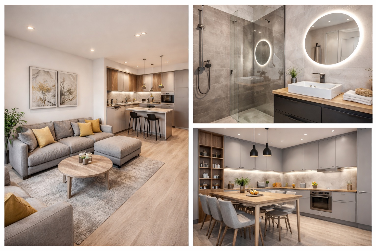 Nowoczesne wnętrze: salon z sofą, kuchnia z wyspą i jadalnia z szarymi szafkami. Łazienka z kabiną prysznicową i okrągłym lustrem z podświetleniem LED.