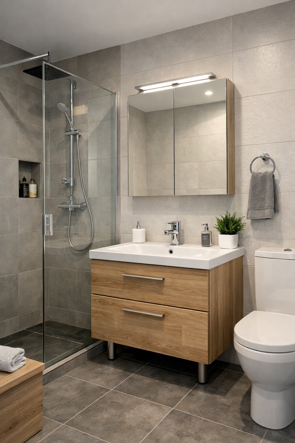 Nowoczesna łazienka z kabiną prysznicową, umywalką z szafką z drewnianym fornirem i lustrem z oświetleniem. Szare płytki na ścianach i podłodze, minimalistyczny design.