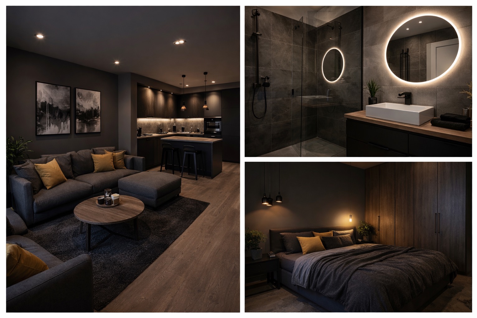Nowoczesne wnętrze: salon z aneksem kuchennym, łazienka z okrągłym lustrem LED i sypialnia w ciemnej tonacji z akcentami złota. Całość tworzy spójną, elegancką przestrzeń.