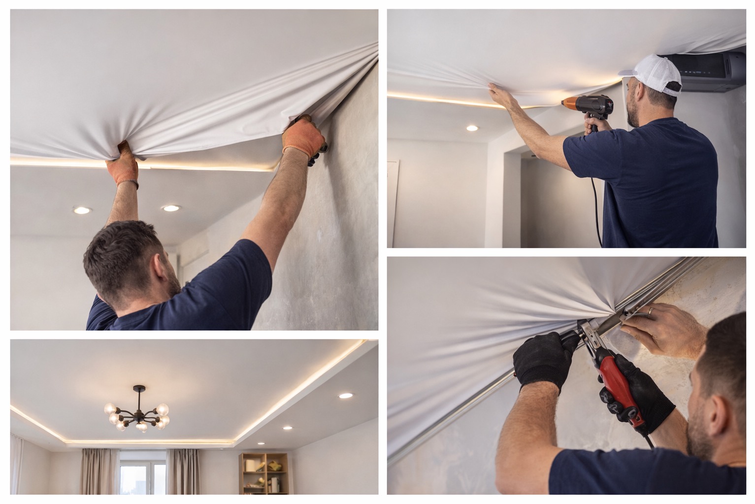 Montaż sufitu napinanego: pracownik naciąga materiał, używając opalarki i szpatułki. Widoczny efekt końcowy z oświetleniem LED i lampą wiszącą.