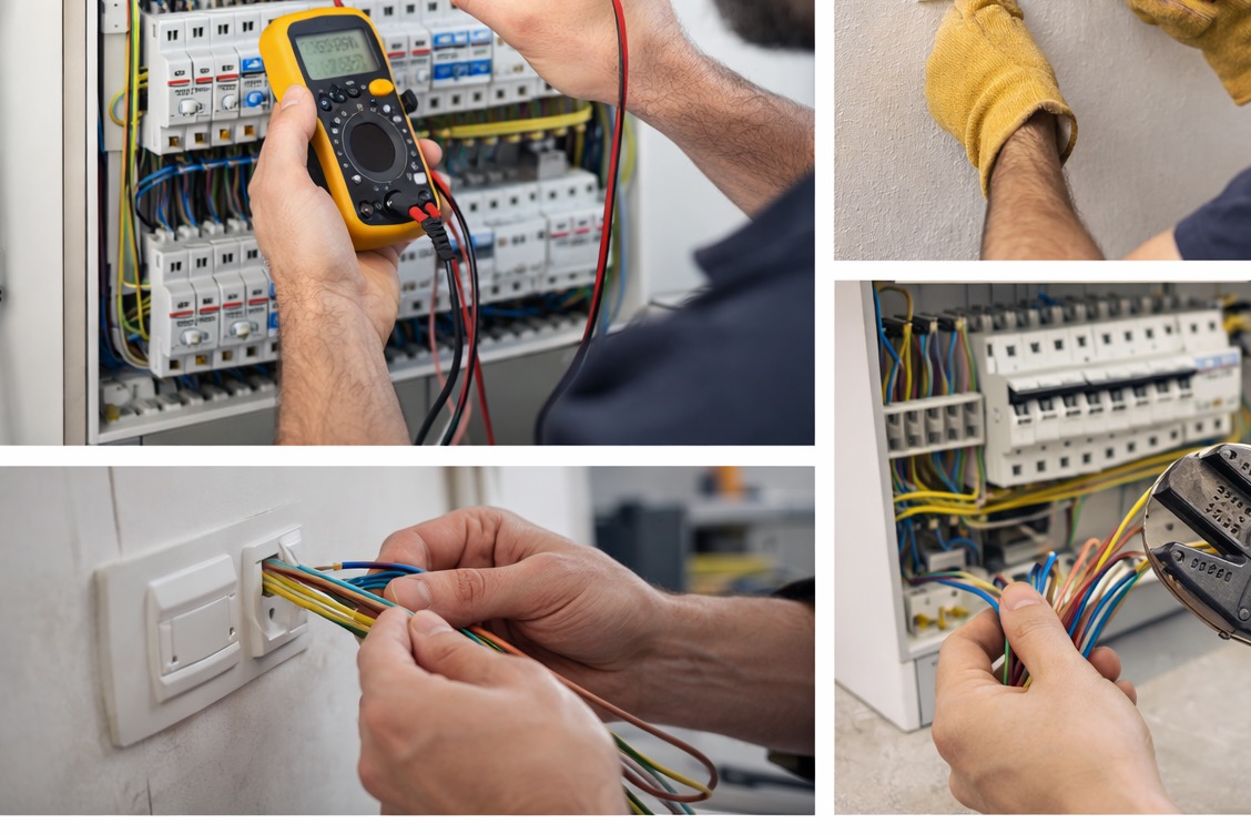 Cztery kadry: pomiar napięcia w rozdzielnicy, malowanie ściany, podłączanie przewodów do gniazdka, obróbka przewodów w rozdzielnicy. Prace elektryczne.