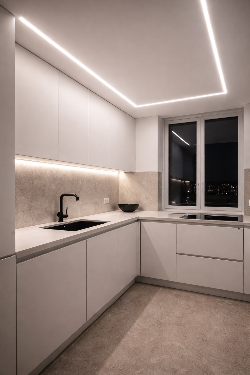 Nowoczesna kuchnia w bieli z czarną armaturą i oświetleniem LED. Minimalistyczny design, kamienny backsplash i widok na nocne miasto przez okno.