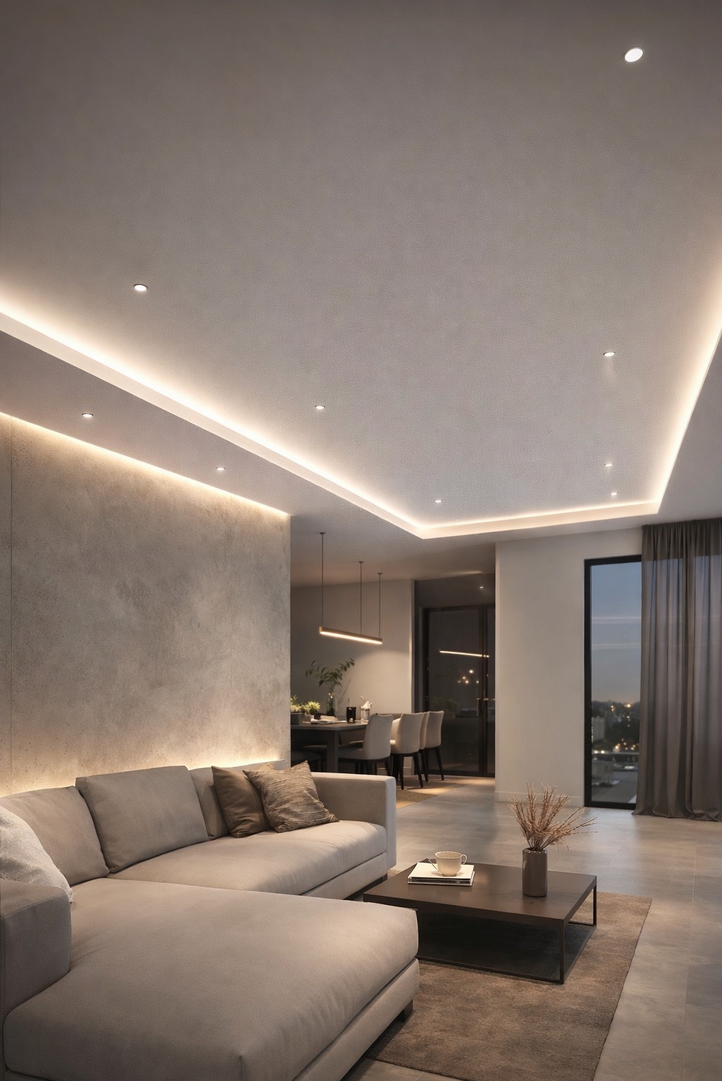 Nowoczesny salon z szarą sofą narożną, stolikiem kawowym i oświetleniem LED na suficie podwieszanym. Widok na jadalnię w tle, minimalistyczny design.