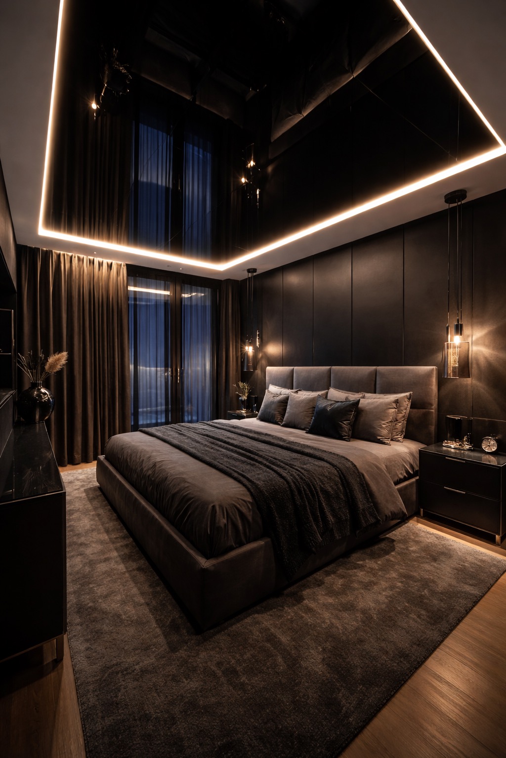 Nowoczesna sypialnia w ciemnych tonacjach z podświetlanym sufitem napinanym i eleganckimi lampami wiszącymi. Widok na łóżko, szafkę nocną i okno z zasłonami.