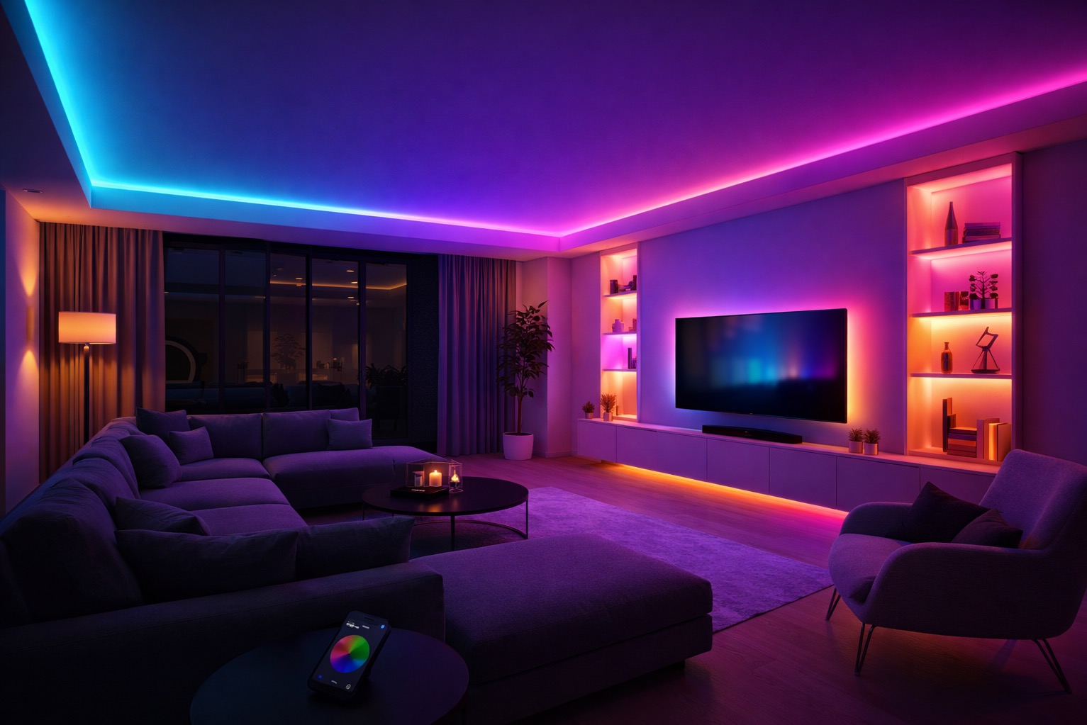 Nowoczesny salon z sufitem i półkami podświetlonymi kolorowymi diodami LED, tworzącymi nastrojową atmosferę. Na stoliku leży smartfon z aplikacją do sterowania oświetleniem.