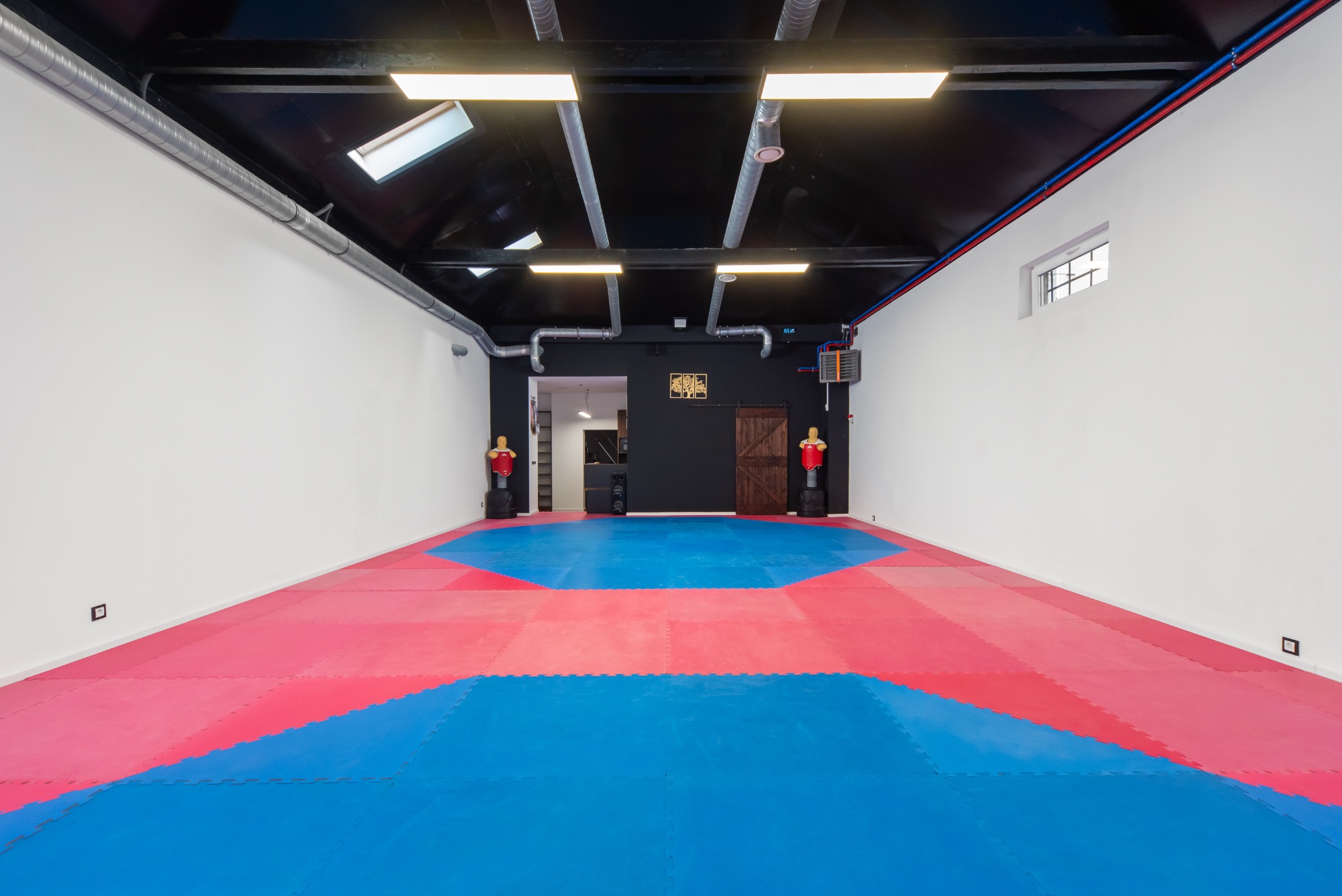 Sala treningowa z matą w kolorach niebieskim i czerwonym, manekiny treningowe po bokach, czarny sufit z oświetleniem i wentylacją.
