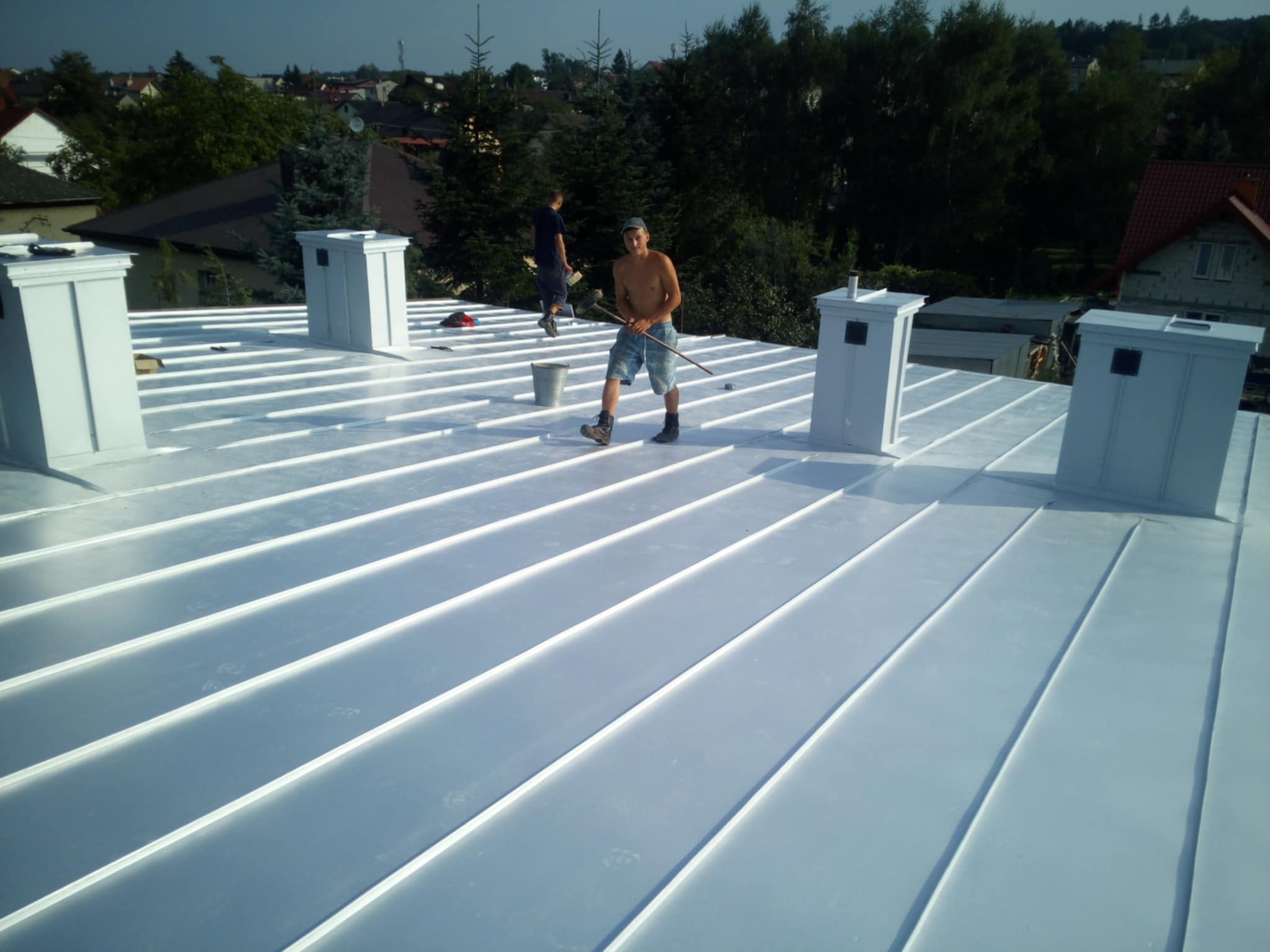 Dwóch mężczyzn na dachu z blachy trapezowej, jeden z wiadrem, drugi z kijem, w tle domy i drzewa.