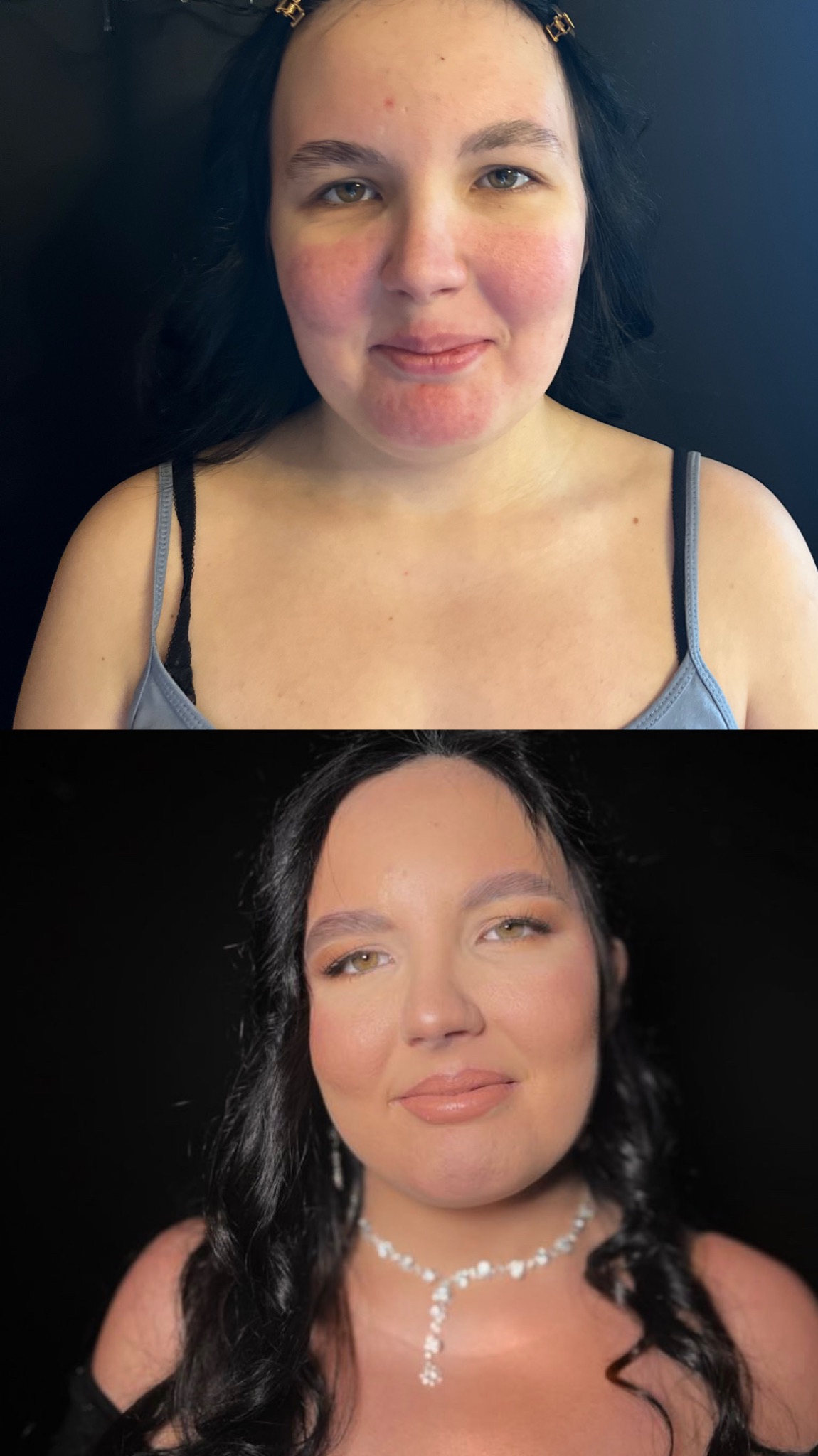 Portret kobiety przed i po makijażu: naturalna cera z lekkimi zaczerwienieniami kontra pełny makijaż z podkreślonymi oczami, brwiami i ustami w odcieniach nude, uzupełniony błyszczącym naszyjnikiem.