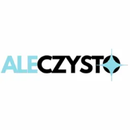 Logo firmy sprzątającej 'ALECZYSTO' z błękitnym napisem 'ALE' i czarnym napisem 'CZYSTO' z błękitną gwiazdą na końcu.