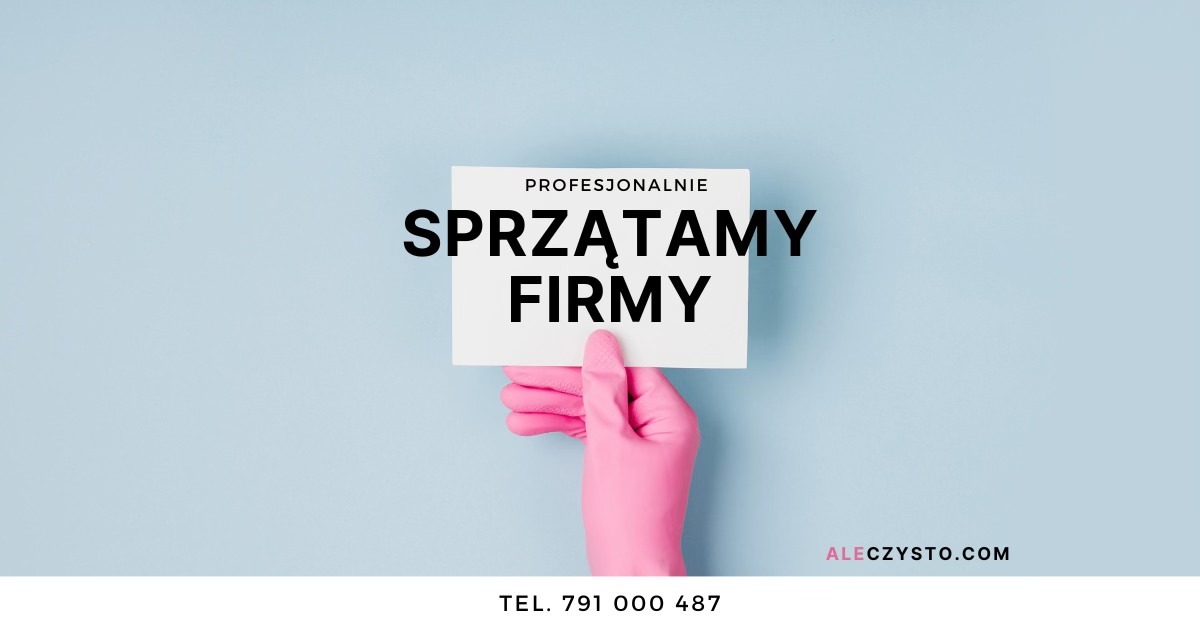 Ręka w różowej rękawicy trzyma kartkę z napisem 'Profesjonalnie Sprzątamy Firmy' na jasnoniebieskim tle, widoczne logo Aleczysto.com i numer telefonu.