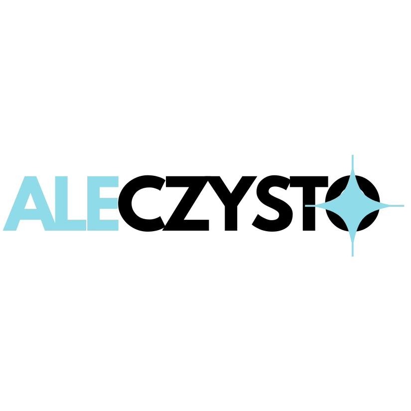 Logo firmy sprzątającej 'ALECZYSTO' z błękitnym napisem 'ALE' i czarnym napisem 'CZYSTO' z błękitną gwiazdą na końcu.