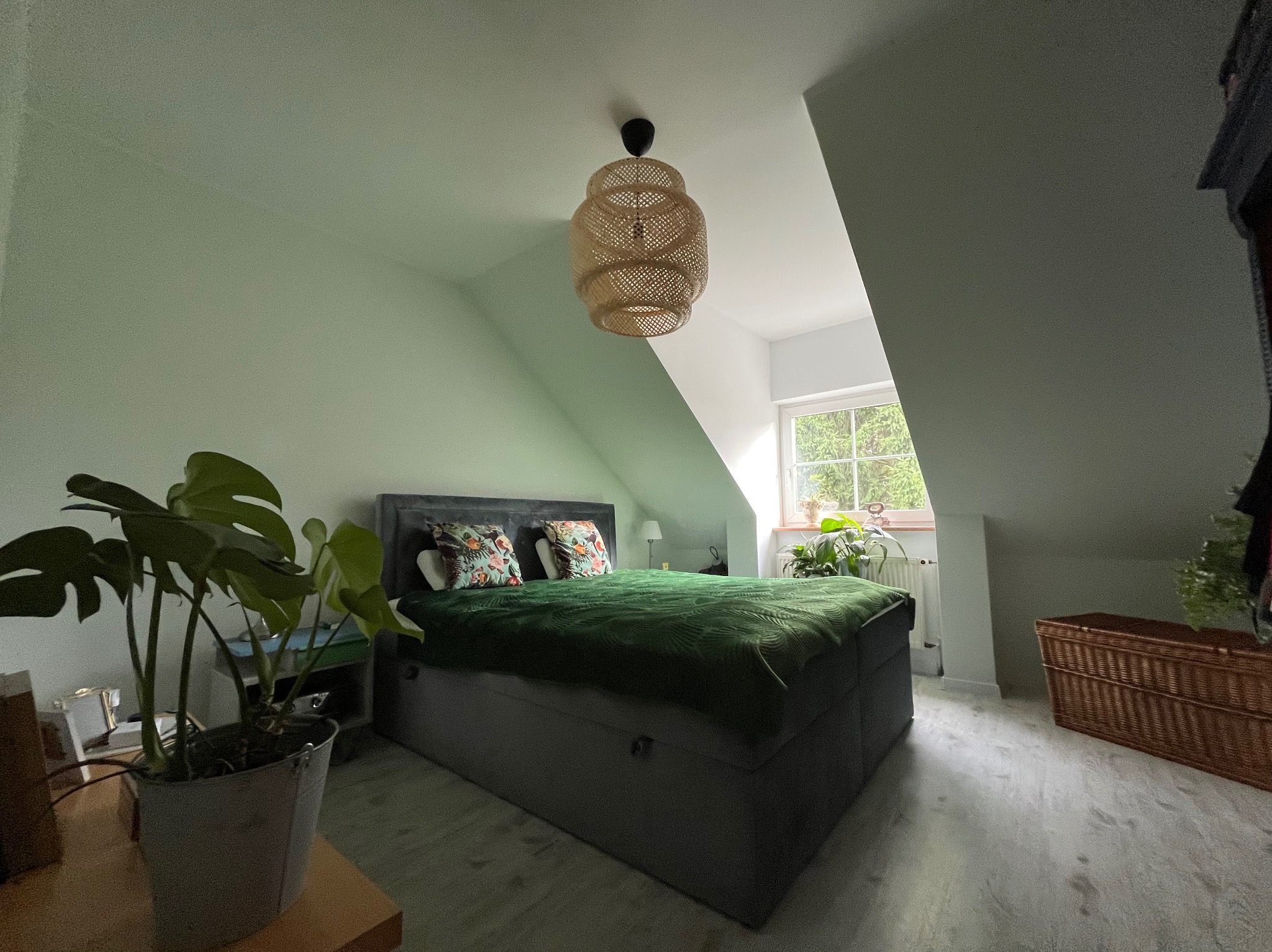 Jasna sypialnia na poddaszu z łóżkiem typu boxspring, plecioną lampą i roślinami. Skośne ściany pomalowane na jasnozielono. W tle okno z widokiem na zieleń.