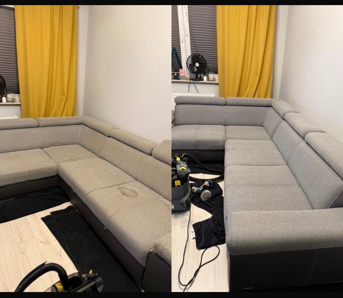 Szara narożna kanapa przed i po czyszczeniu. Widoczne plamy na lewej stronie, prawa strona czysta. W tle żółta zasłona i okno z żaluzjami.