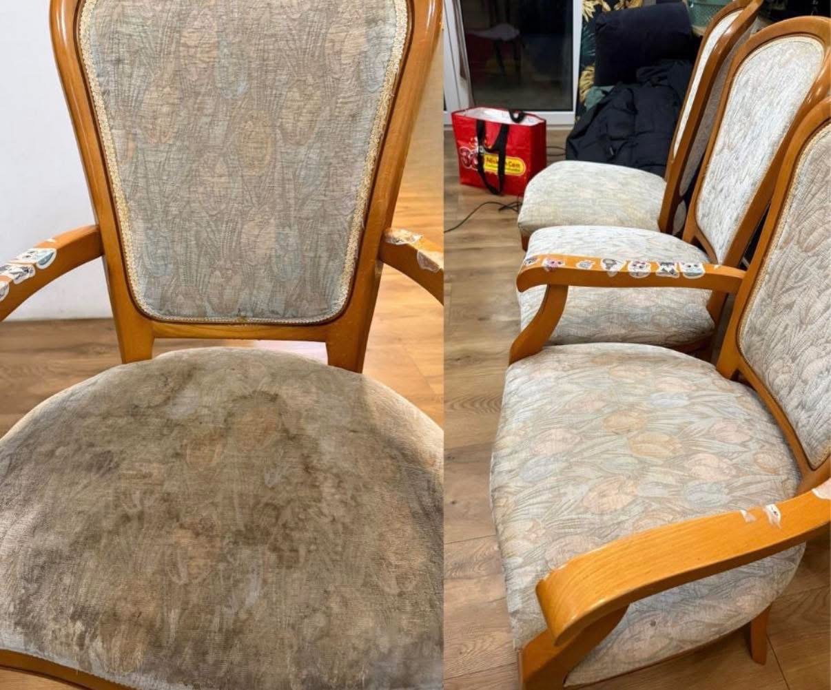 Dwa ujęcia krzesła: z lewej - silnie zabrudzone siedzisko, z prawej - czyste krzesła z jasną tapicerką w kwiaty, drewniane ramy. Widoczny efekt czyszczenia tapicerki.