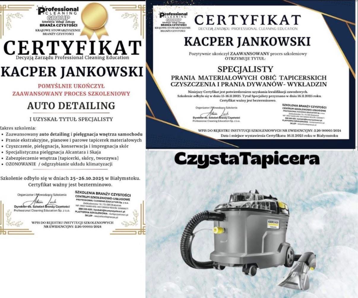 Certyfikaty ukończenia szkoleń z prania tapicerki i dywanów w Koszalinie, obok profesjonalny odkurzacz piorący Karcher. Potwierdzenie kwalifikacji.