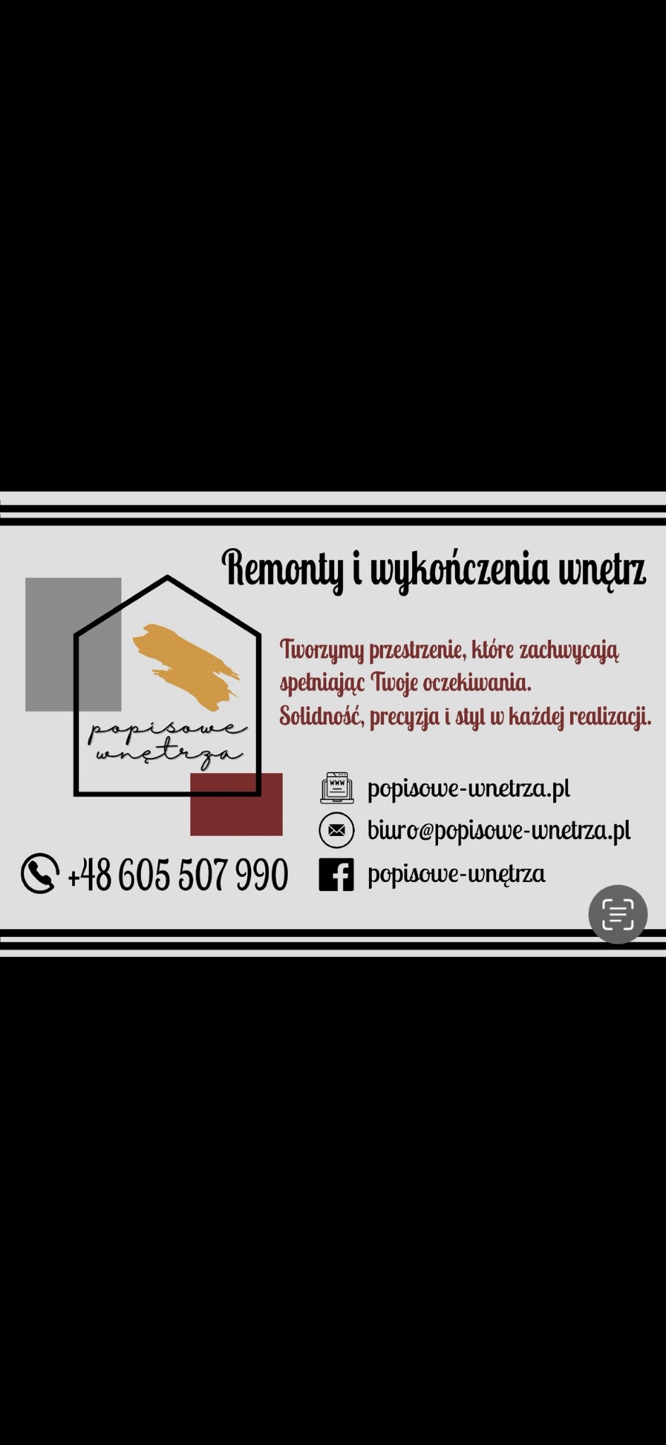 Grafika reklamowa firmy remontowej z logo, numerem telefonu i hasłem: 'Remonty i wykończenia wnętrz. Solidność, precyzja i styl w każdej realizacji.'