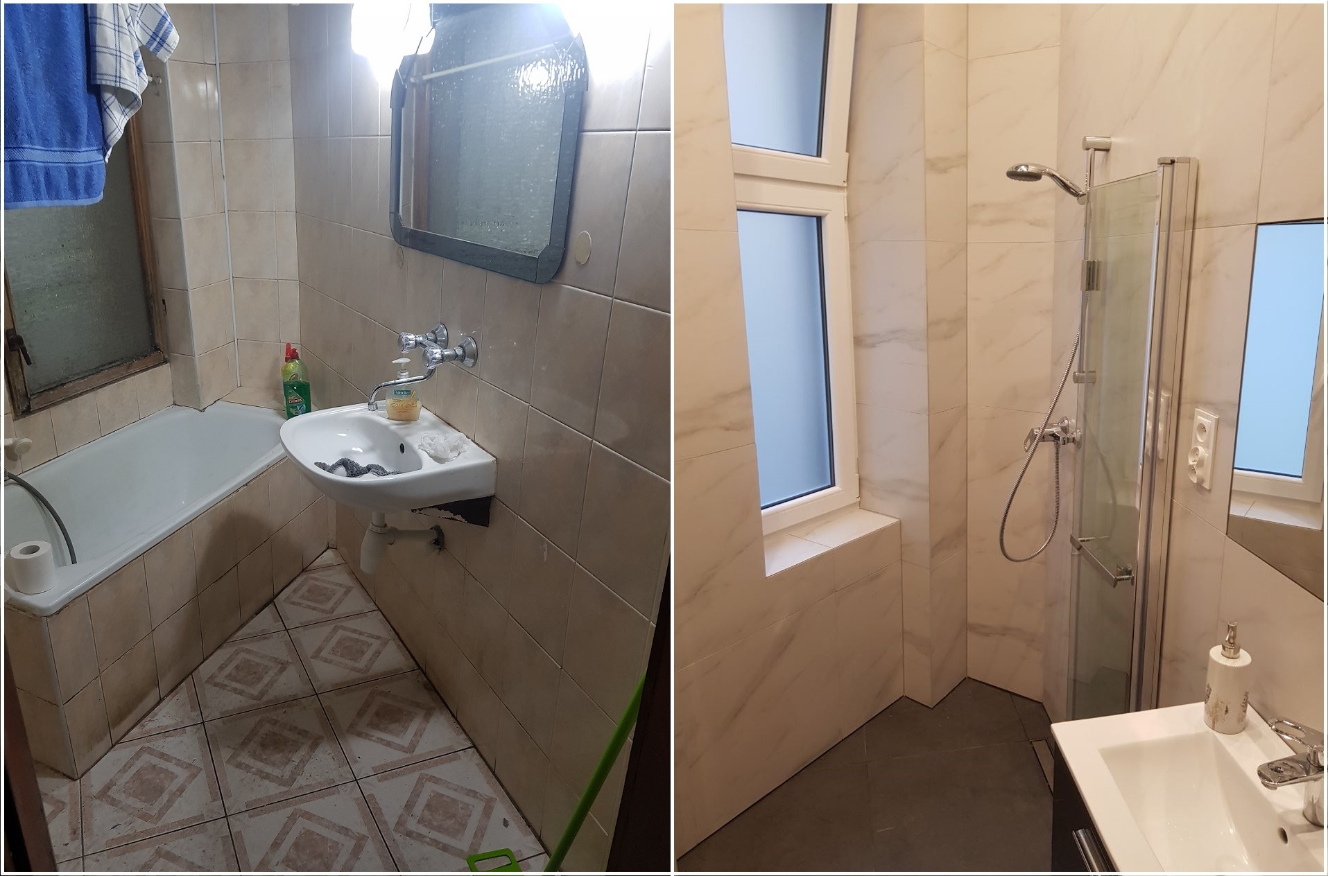 Zdjęcie 'przed i po' prezentujące metamorfozę łazienki: od starej, z beżowymi płytkami i wanną, do nowoczesnej, z jasnymi płytkami imitującymi marmur i kabiną prysznicową.