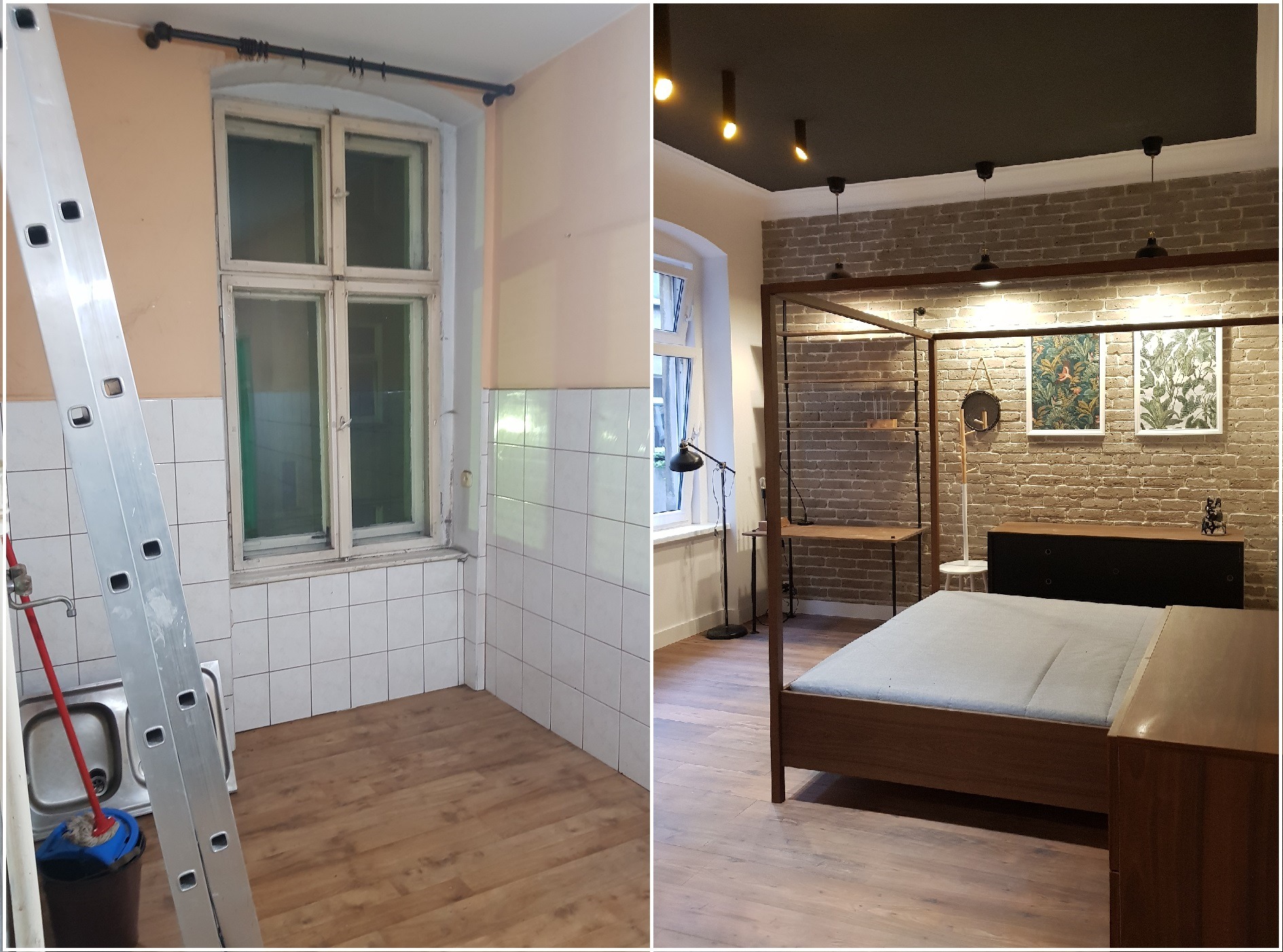 Remont pokoju: widok przed i po. Po lewej: drabina, stare okno i płytki. Po prawej: odnowione wnętrze z ceglaną ścianą, drewnianym łóżkiem i stylowym oświetleniem.