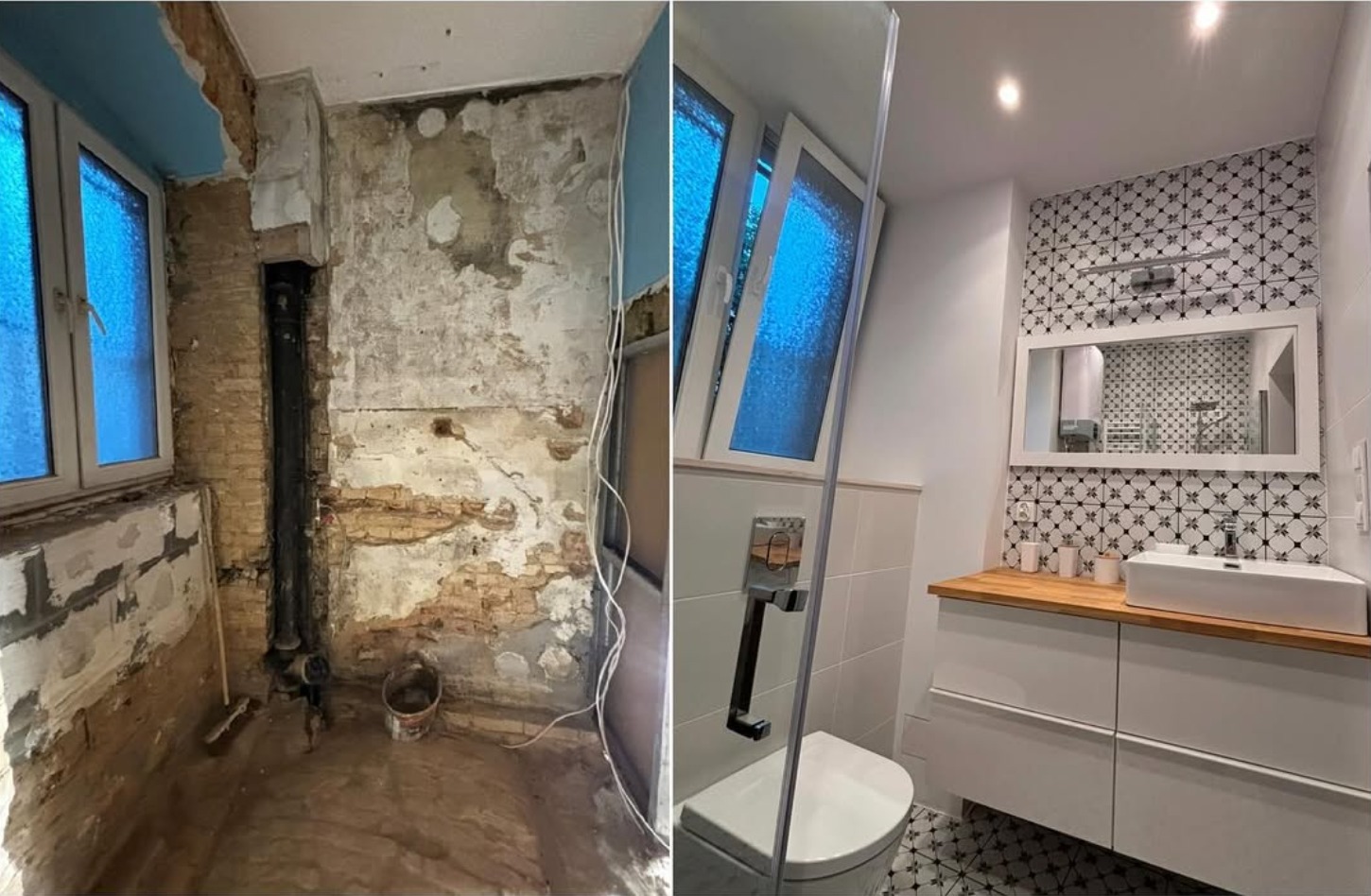 Zdjęcie 'przed i po' prezentujące metamorfozę łazienki: od surowych ścian z odsłoniętą cegłą do nowoczesnego wnętrza z białą armaturą, wzorzystymi płytkami i drewnianym blatem.