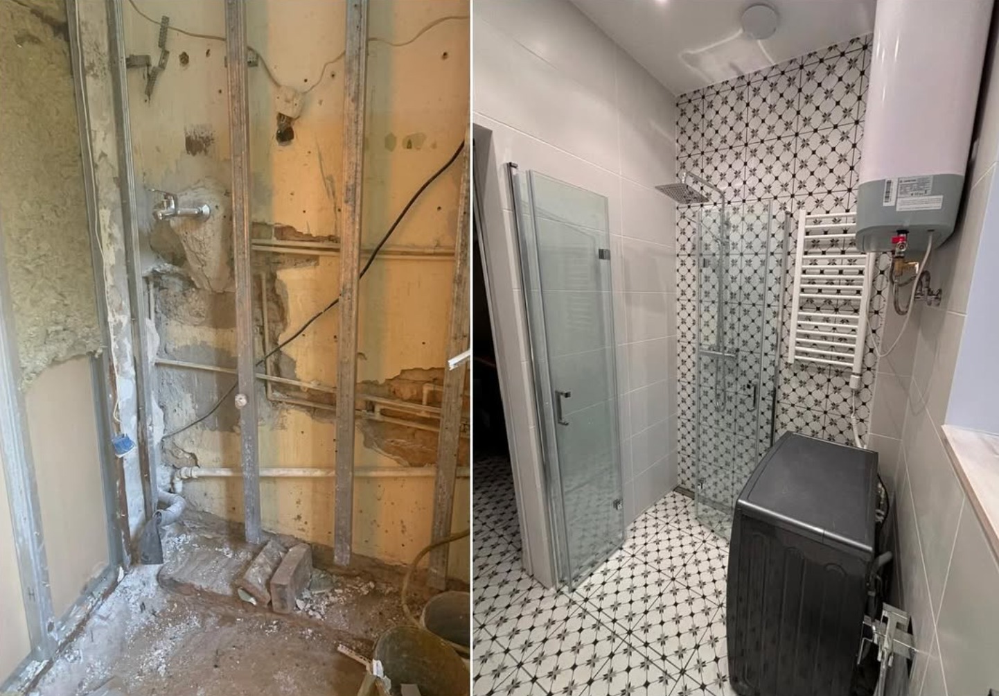 Zdjęcie 'przed i po' prezentujące metamorfozę łazienki: od surowego stanu z odsłoniętymi rurami do wykończonego wnętrza z kabiną prysznicową, wzorzystymi płytkami i grzejnikiem.