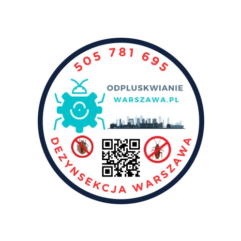 Okrągłe logo firmy oferującej usługi tępienia szkodników w Warszawie, zawiera numer telefonu, adres strony internetowej, kod QR, oraz graficzne przedstawienie robaka w przekreślonym kółku.