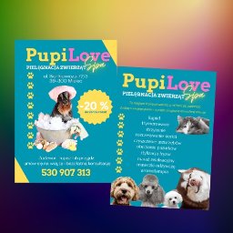 Good Idea Studio Reklamy - Dwie ulotki w turkusowej tonacji z żółtymi akcentami, promujące usługi pielęgnacji zwierząt. Widoczne zdjęcia psów i kota, tekst z ofertą i dane kontaktowe.