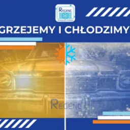 Grafika FB: auto podzielone na pół - lato/zima, słońce/śnieżynki. Hasło: Grzejemy i chłodzimy. Logo firmy serwisującej klimatyzację samochodową w tle.