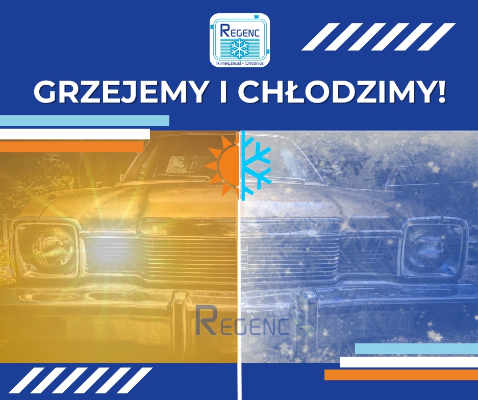 Grafika FB: auto podzielone na pół - lato/zima, słońce/śnieżynki. Hasło: Grzejemy i chłodzimy. Logo firmy serwisującej klimatyzację samochodową w tle.