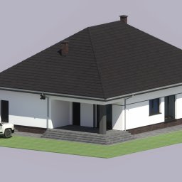 ARHETO Szymon Matyjaszczyk - Wizualizacja 3D nowoczesnego, parterowego domu z ciemnym dachem, numerem 30 na elewacji i dwoma samochodami zaparkowanymi obok. Ujęcie z lotu ptaka.