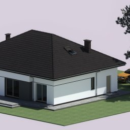 ARHETO Szymon Matyjaszczyk - Wizualizacja 3D nowoczesnego, parterowego domu z czarnym dachem, dwoma samochodami i drzewem. Ujęcie z góry, prezentujące bryłę budynku i otoczenie.