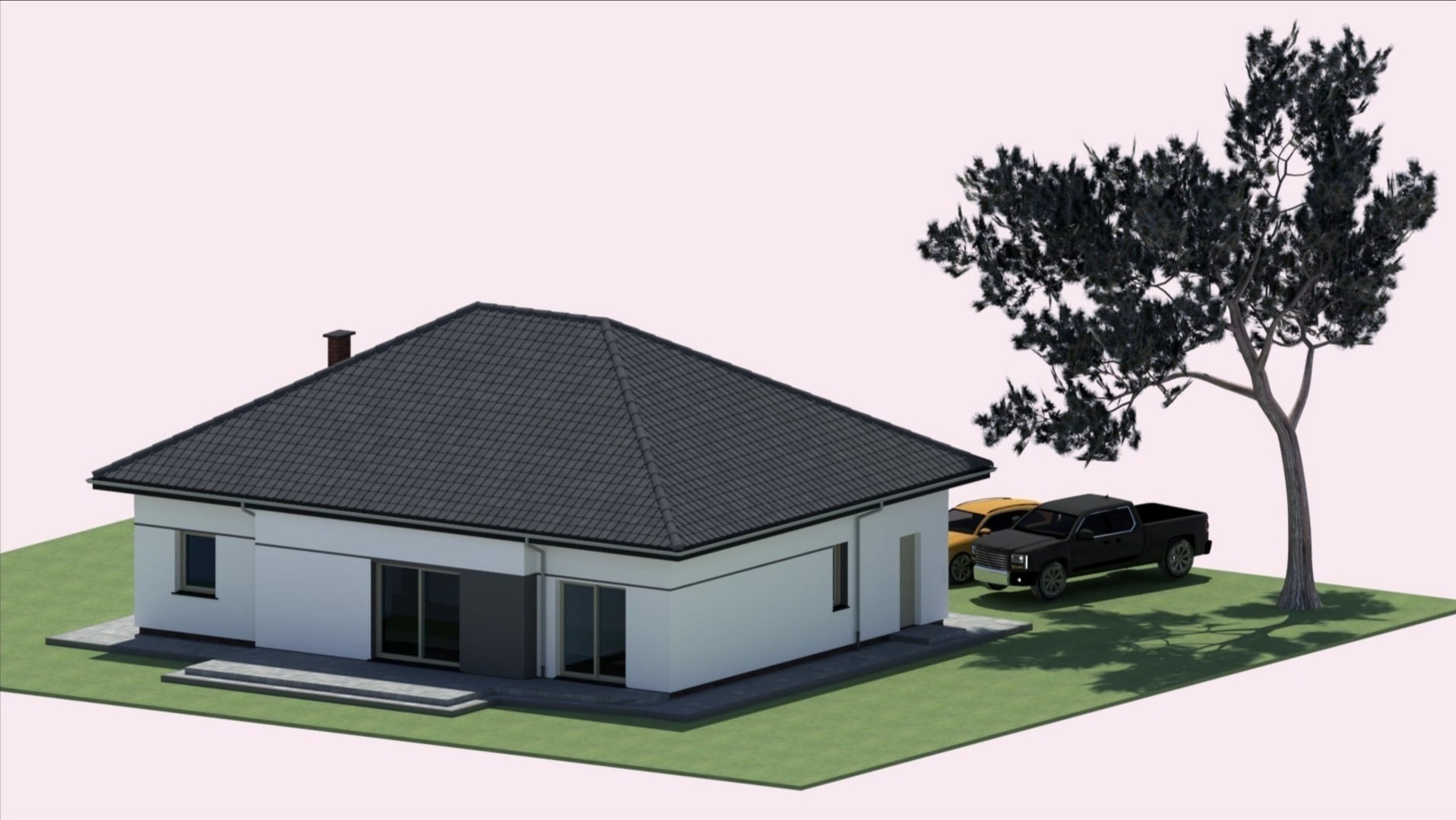 Wizualizacja 3D parterowego domu z ciemną dachówką, dwoma samochodami i drzewem na trawniku, na jasnoróżowym tle. Ujęcie z lotu ptaka.