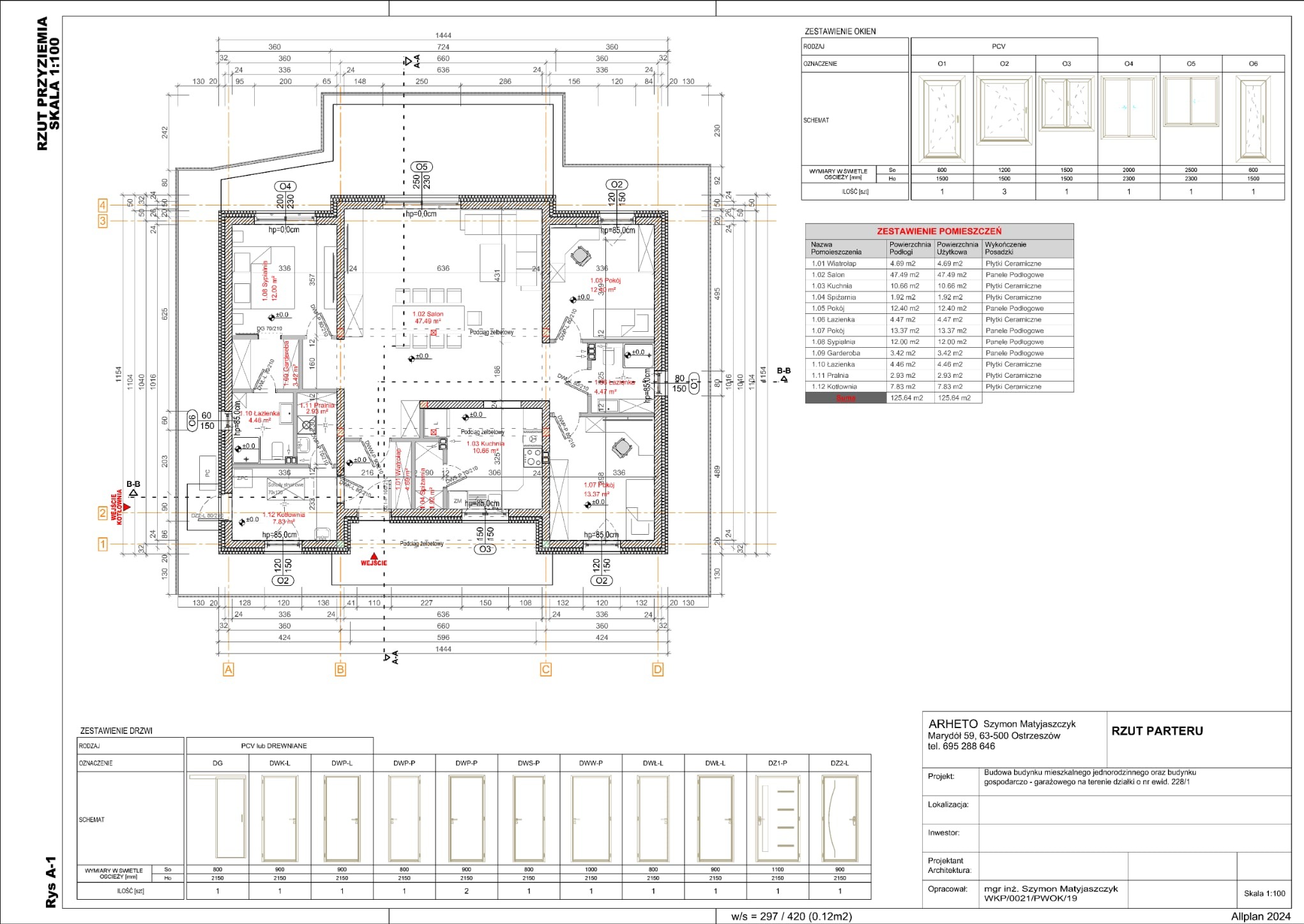 Rzut parteru domu jednorodzinnego z wymiarami, zestawieniem okien i drzwi. Projekt architektoniczny z oznaczeniami pomieszczeń i użytych materiałów.