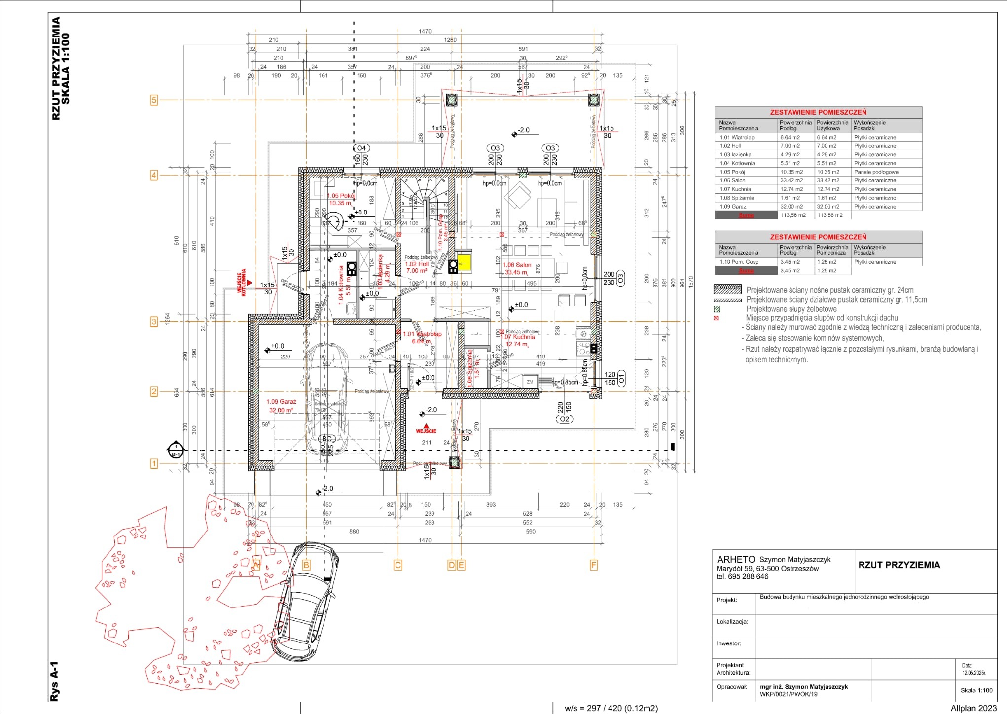 Rzut parteru domu jednorodzinnego z naniesionymi wymiarami, zestawieniem pomieszczeń i opisem technicznym. Widoczny zarys samochodu i terenu.