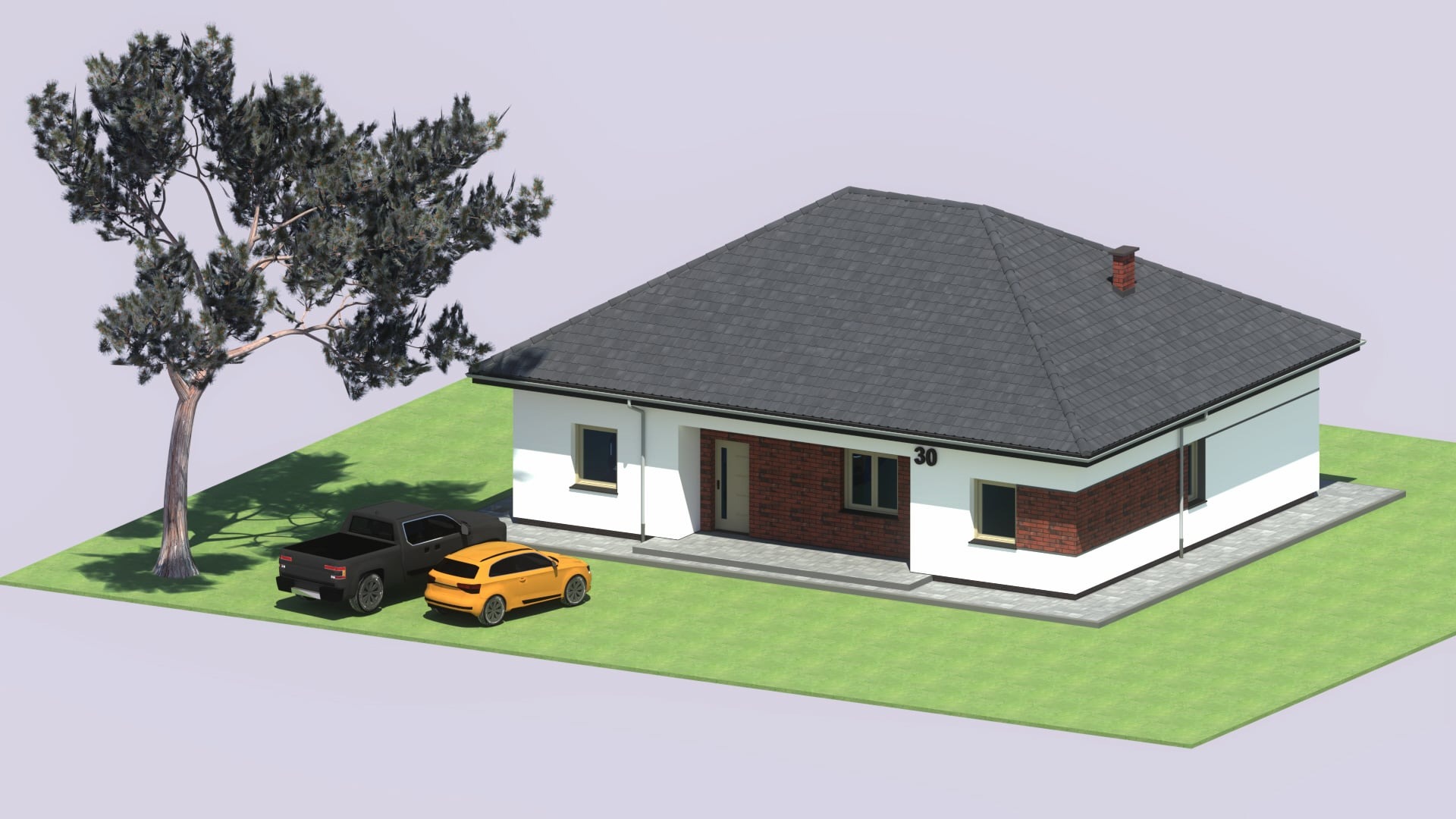 Wizualizacja parterowego domu z ciemnoszarą dachówką, numerem 30, drzewem i dwoma autami na trawniku. Ujęcie z góry, prezentujące bryłę budynku i otoczenie.