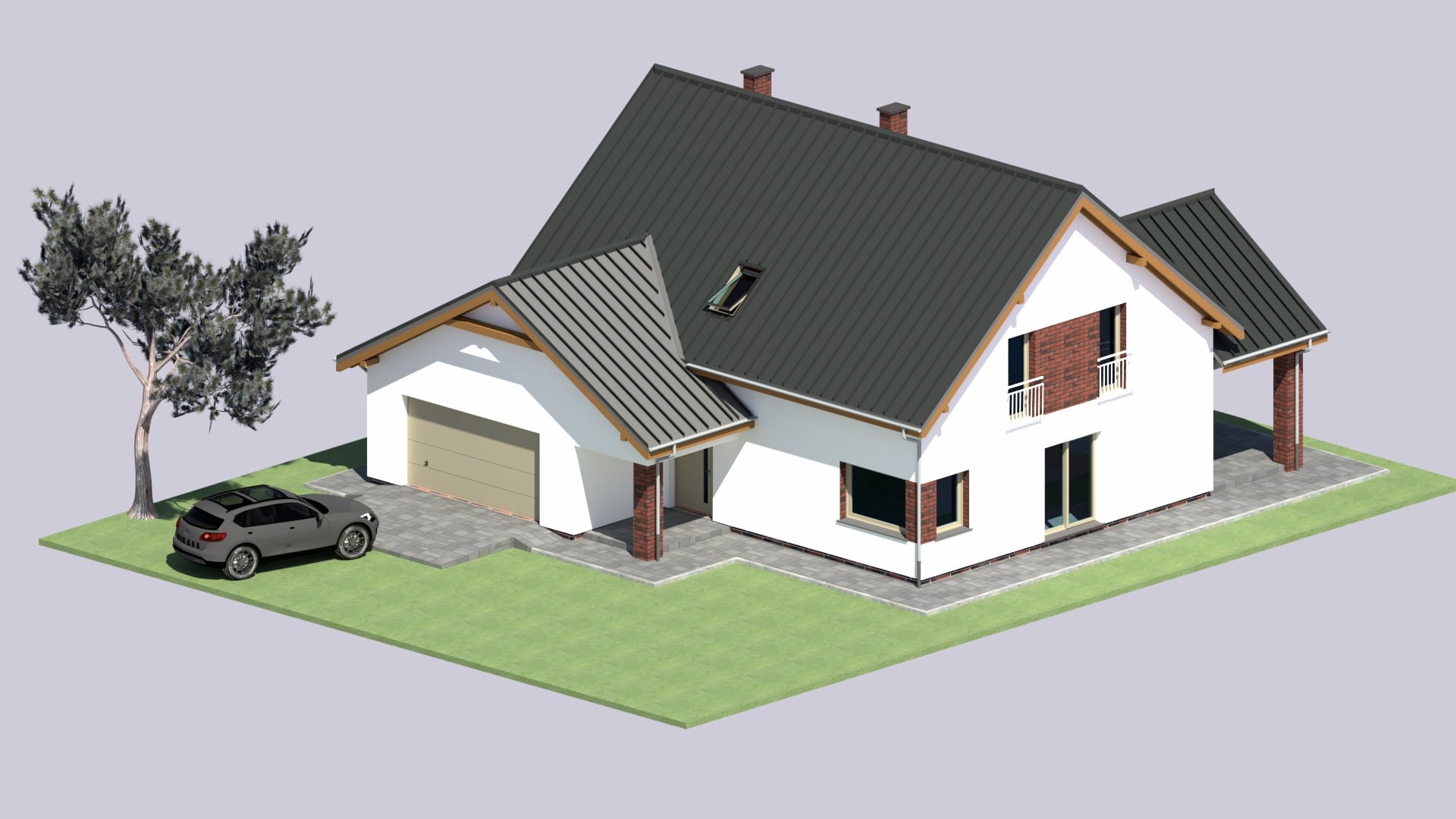 Wizualizacja domu jednorodzinnego z garażem, z szarą dachówką i elementami z czerwonej cegły, otoczonego zielenią i szarym samochodem. Ujęcie z lotu ptaka.