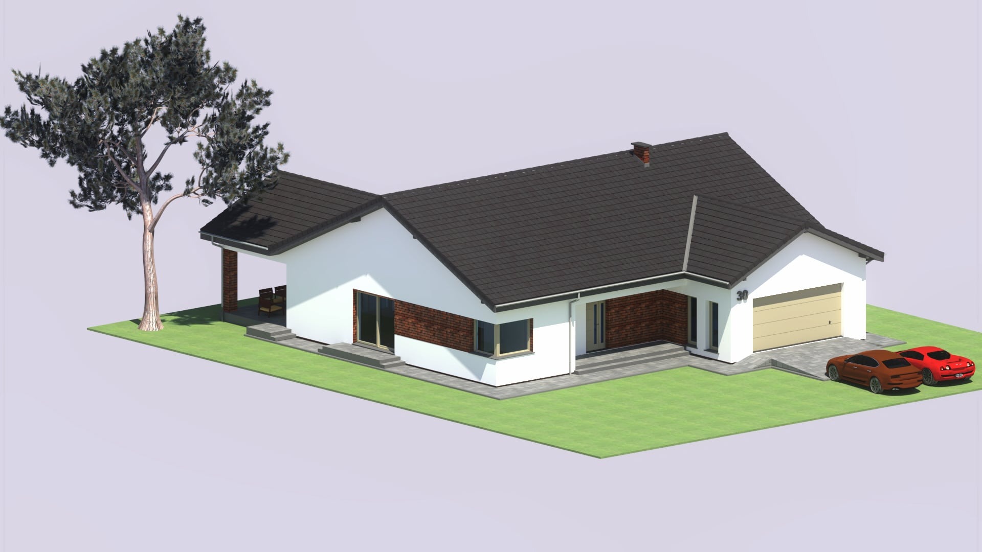Wizualizacja 3D parterowego domu z garażem, dwoma autami i drzewem. Biała elewacja z elementami cegły, ciemny dach. Ujęcie z lotu ptaka.