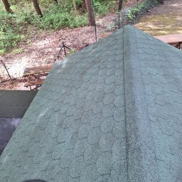 Czyścioch Usługi Sprzątające - Z bliska: zielony dach altany pokryty bitumiczną dachówką na tle leśnego otoczenia. Widoczny fragment stołu piknikowego i kabel na dachu.