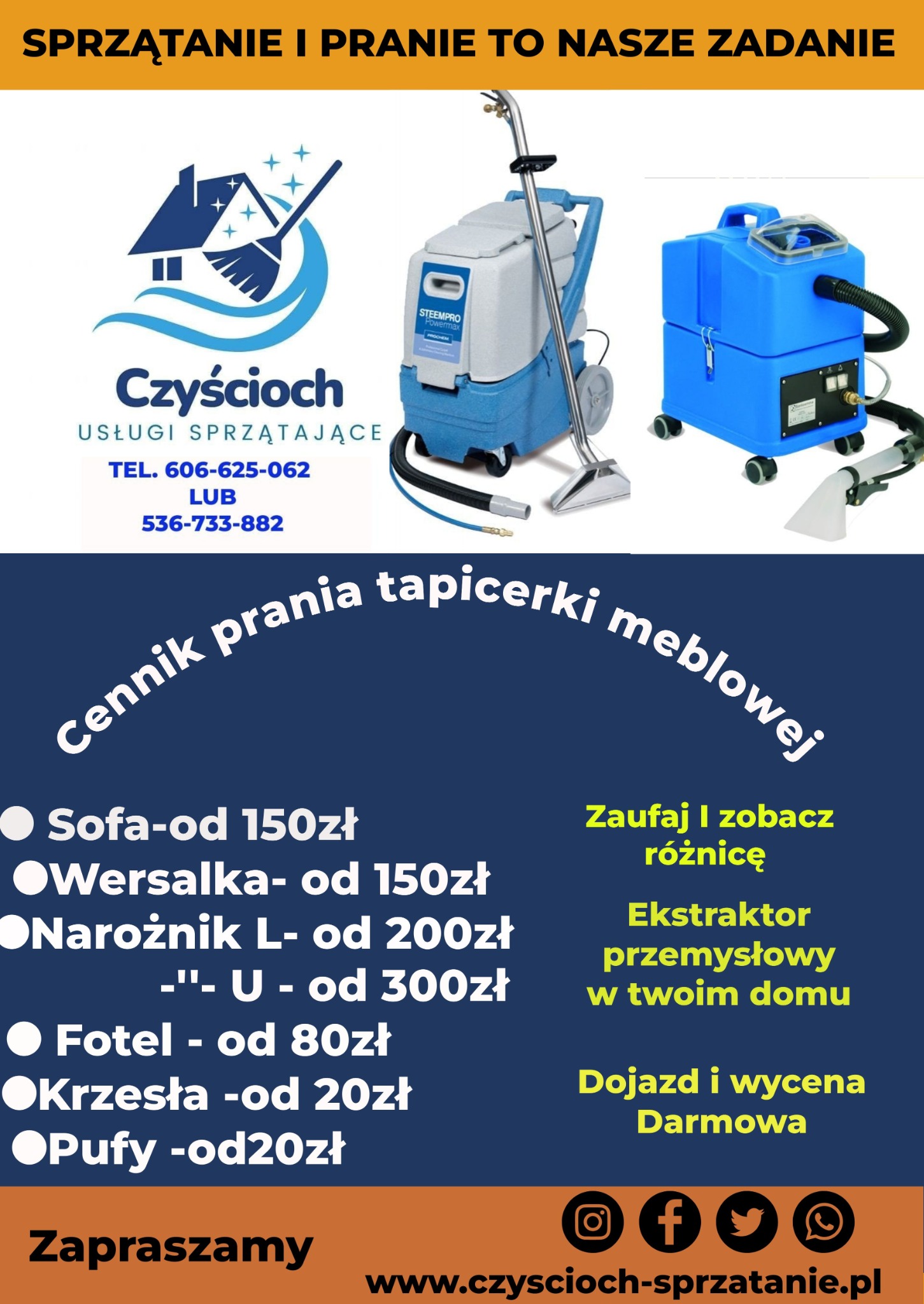 Grafika reklamowa firmy sprzątającej 'Czyścioch' z cennikiem prania tapicerki meblowej i prezentacją ekstraktora przemysłowego. Oferta obejmuje sofy, wersalki, narożniki, fotele, krzesła i pufy.