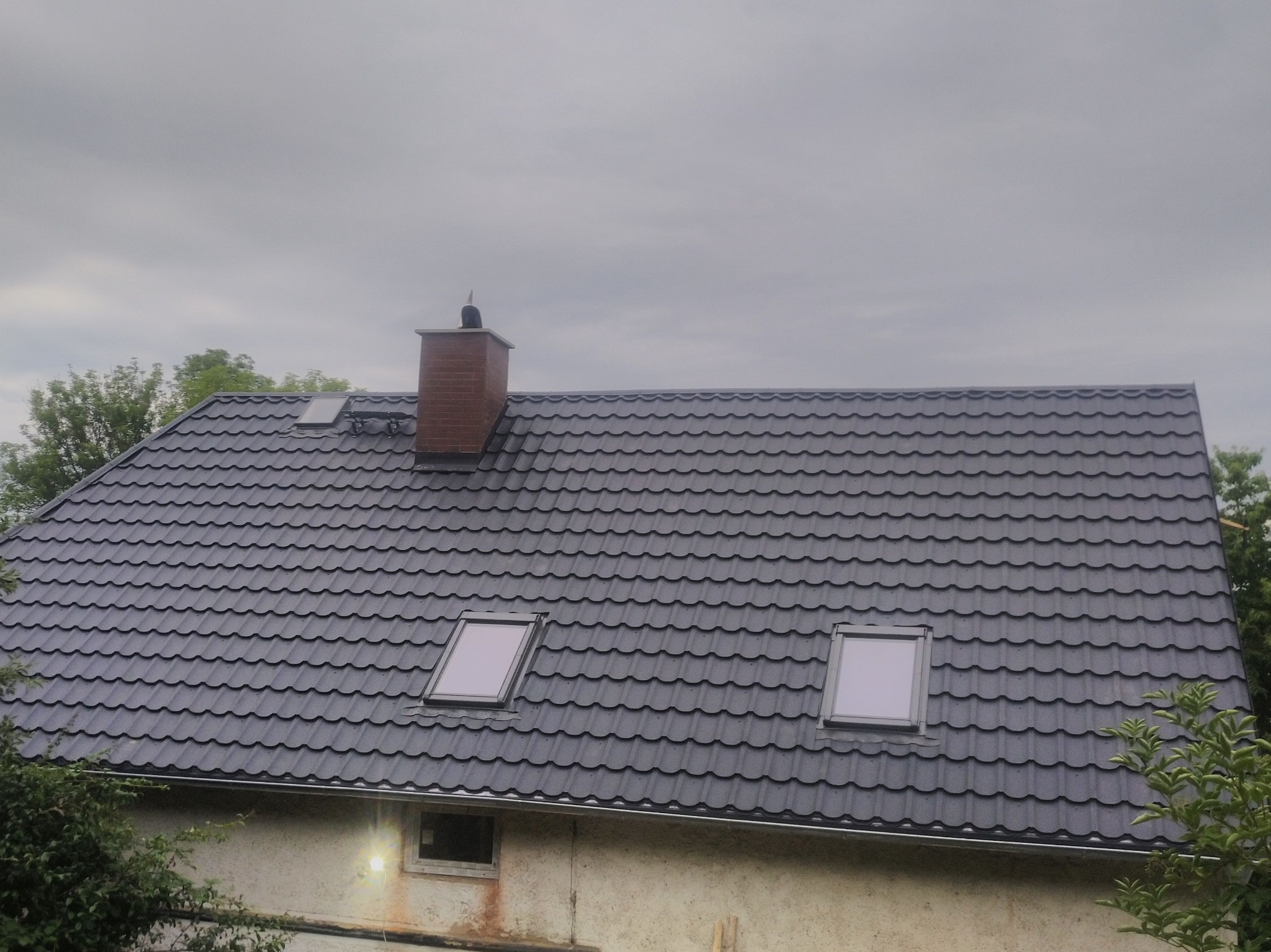 Czarny dach z dwoma oknami dachowymi i kominem z cegły na tle pochmurnego nieba. Widok z dołu, uwzględniający fragment elewacji budynku i zieleni.