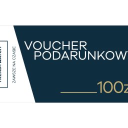 Sellflow Sp. z o.o. - Elegancki voucher podarunkowy TrendyWatch o wartości 100 zł z logo firmy i hasłem 'Zawsze na czasie' na granatowo-białym tle.