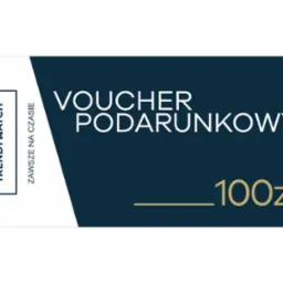 Elegancki voucher podarunkowy TrendyWatch o wartości 100 zł z logo firmy i hasłem 'Zawsze na czasie' na granatowo-białym tle.