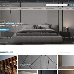 Sellflow Sp. z o.o. - Strona główna sklepu internetowego z minimalistycznym designem, prezentująca ofertę listew i profili, z dużym banerem promującym produkty do dekoracji wnętrz, w tle aranżacja sypialni w odcieniach...