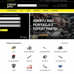 Strona główna sklepu internetowego z częściami samochodowymi Expert Parts, z wyszukiwarką części po marce, modelu i typie pojazdu, prezentująca popularne kategorie produktów, takie jak filtry...