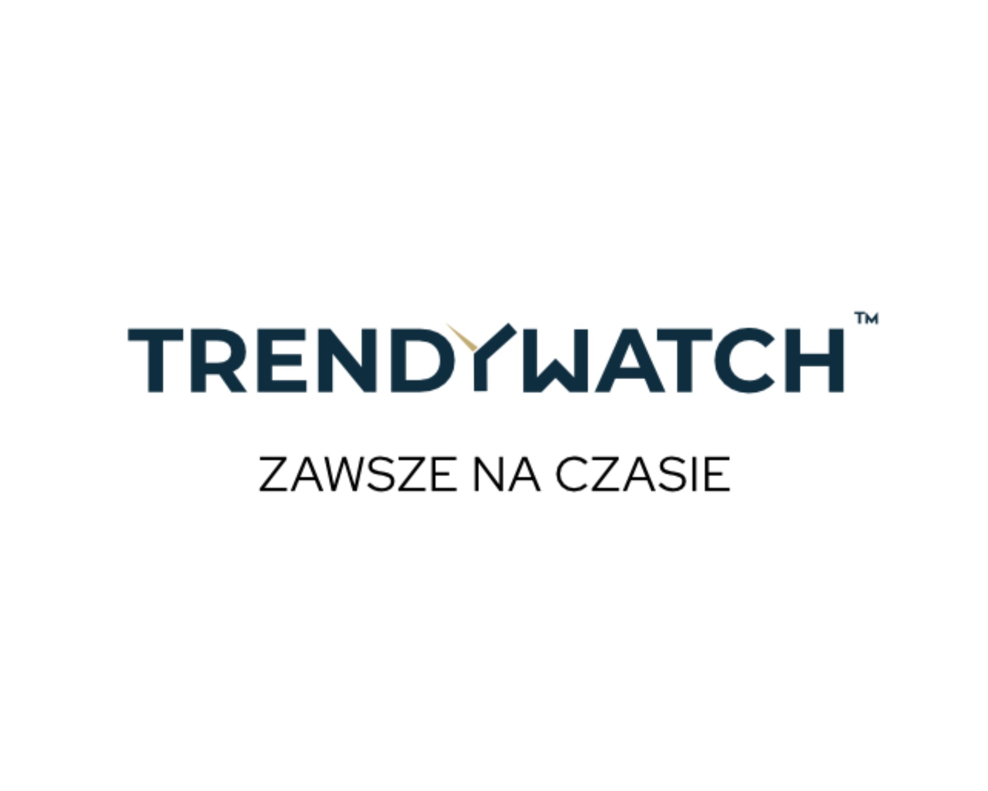 Logo firmy Trendywatch z hasłem 'Zawsze na czasie' na białym tle. Litera Y w nazwie stylizowana na wskazówkę zegara.