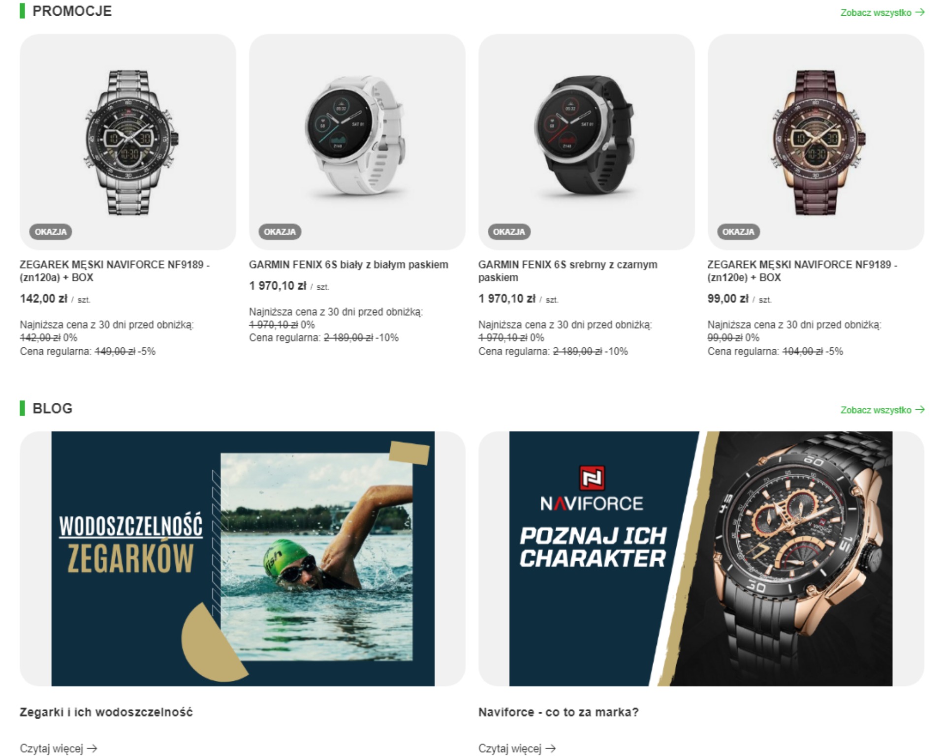 Kolekcja zegarków męskich i damskich różnych marek prezentowana na stronie internetowej sklepu, z uwzględnieniem cen promocyjnych i regularnych.