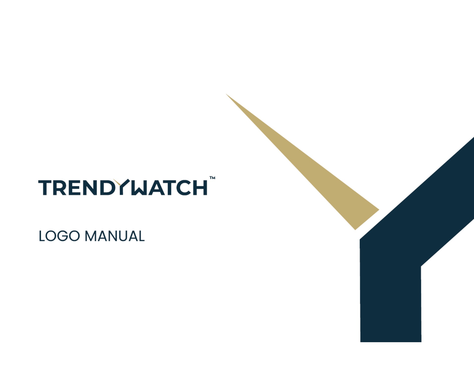 Logo firmy Trendywatch z elementem graficznym w kształcie litery Y, w kolorach granatowym i złotym, oraz tekstem 'LOGO MANUAL' poniżej nazwy firmy.