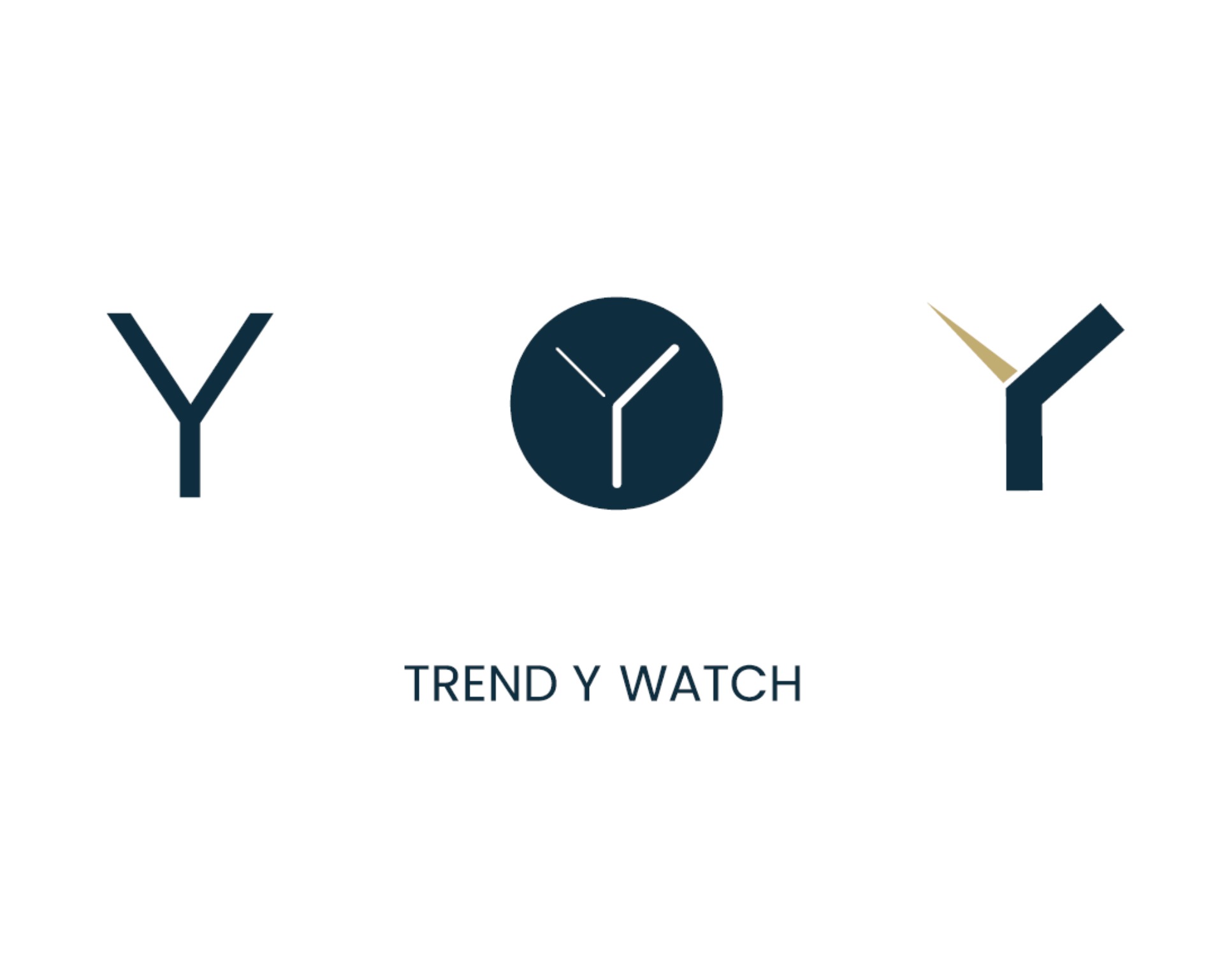 Minimalistyczne logo firmy Trend Y Watch z trzema wariantami litery Y: prosta, w okręgu imitującym zegar i z elementem przypominającym wskazówkę.