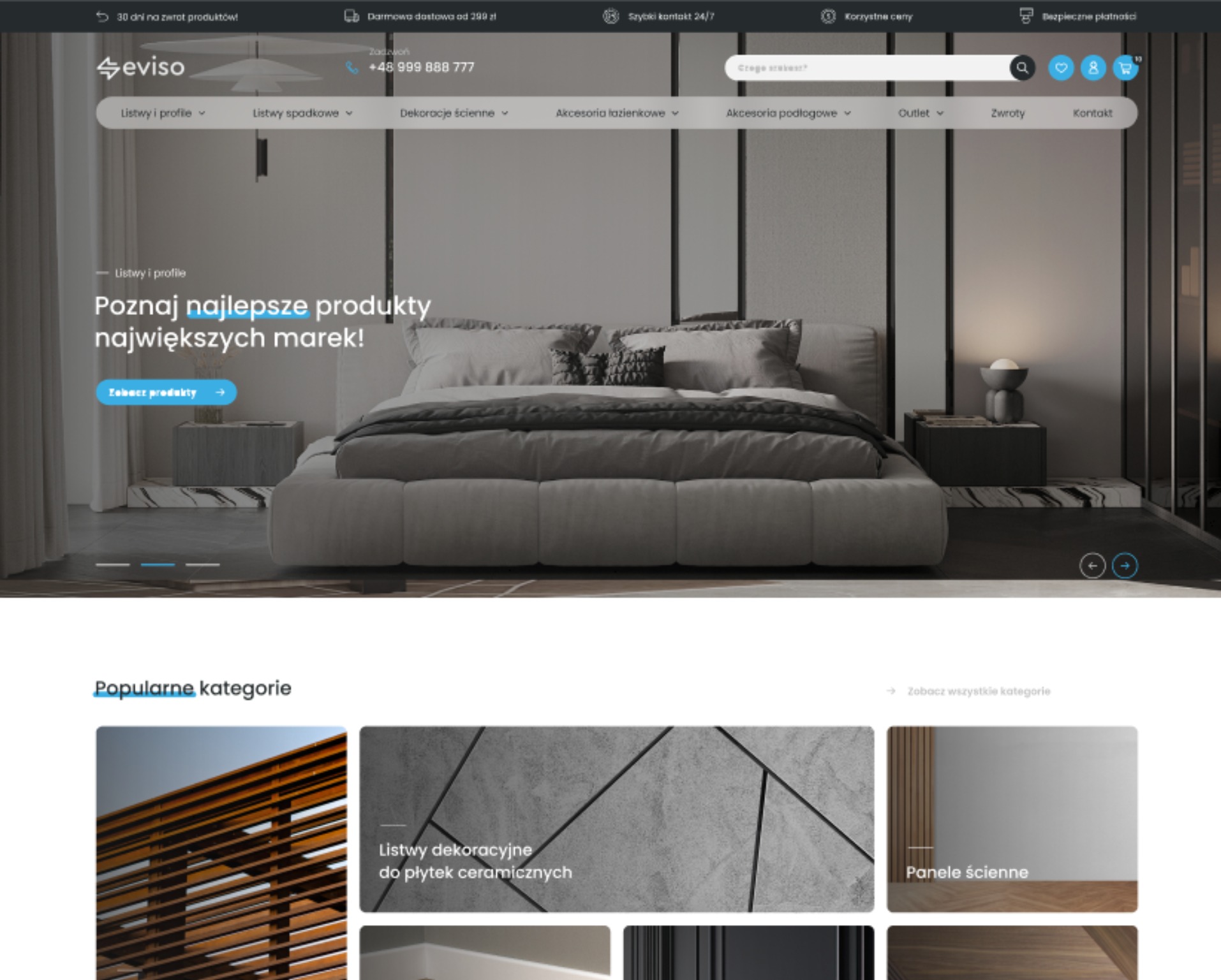 Strona główna sklepu internetowego z minimalistycznym designem, prezentująca ofertę listew i profili, z dużym banerem promującym produkty do dekoracji wnętrz, w tle aranżacja sypialni w odcieniach...